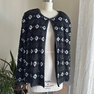 Papell Boutique Evening Women’s 3X Jacket Black Silver Silk Beaded Vintage Glam